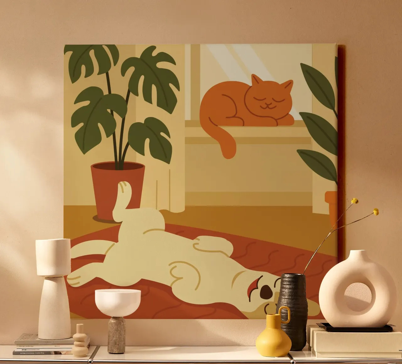 cane e gatto si rilassano tela con Cornice a cassetta da animal story home