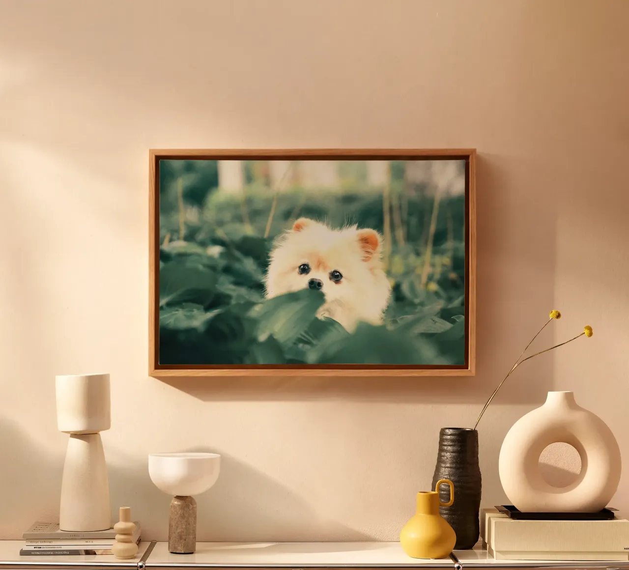cane pomerania in giardino tela con Cornice a cassetta da animal story home