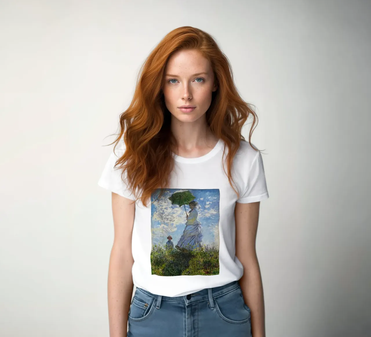 Monet - Mother and Child Using Umbrella women's fitted t-shirt by Günstiger Laden