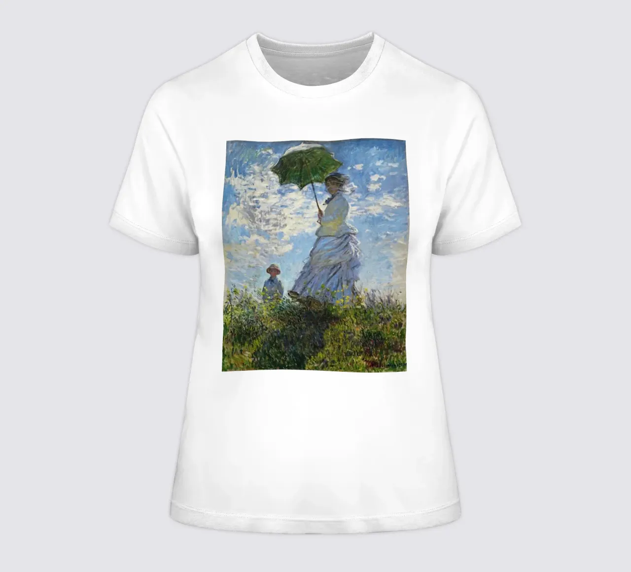 Monet - Mother and Child Using Umbrella women's fitted t-shirt by Günstiger Laden