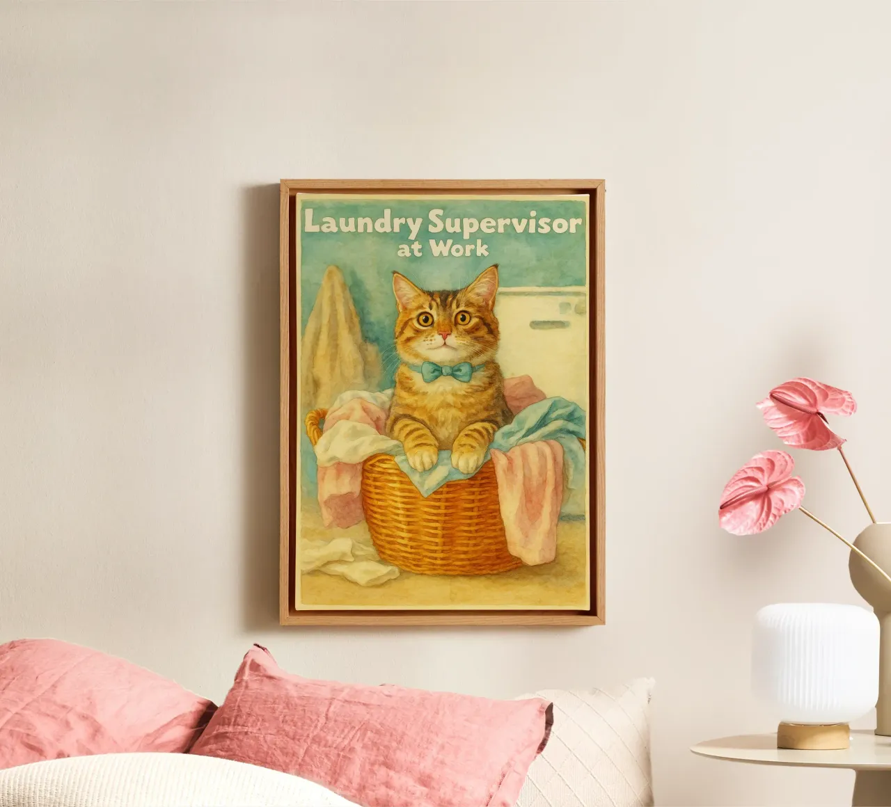 kat wasbegeleider retro art tekening canvas met Baklijst van genzaa