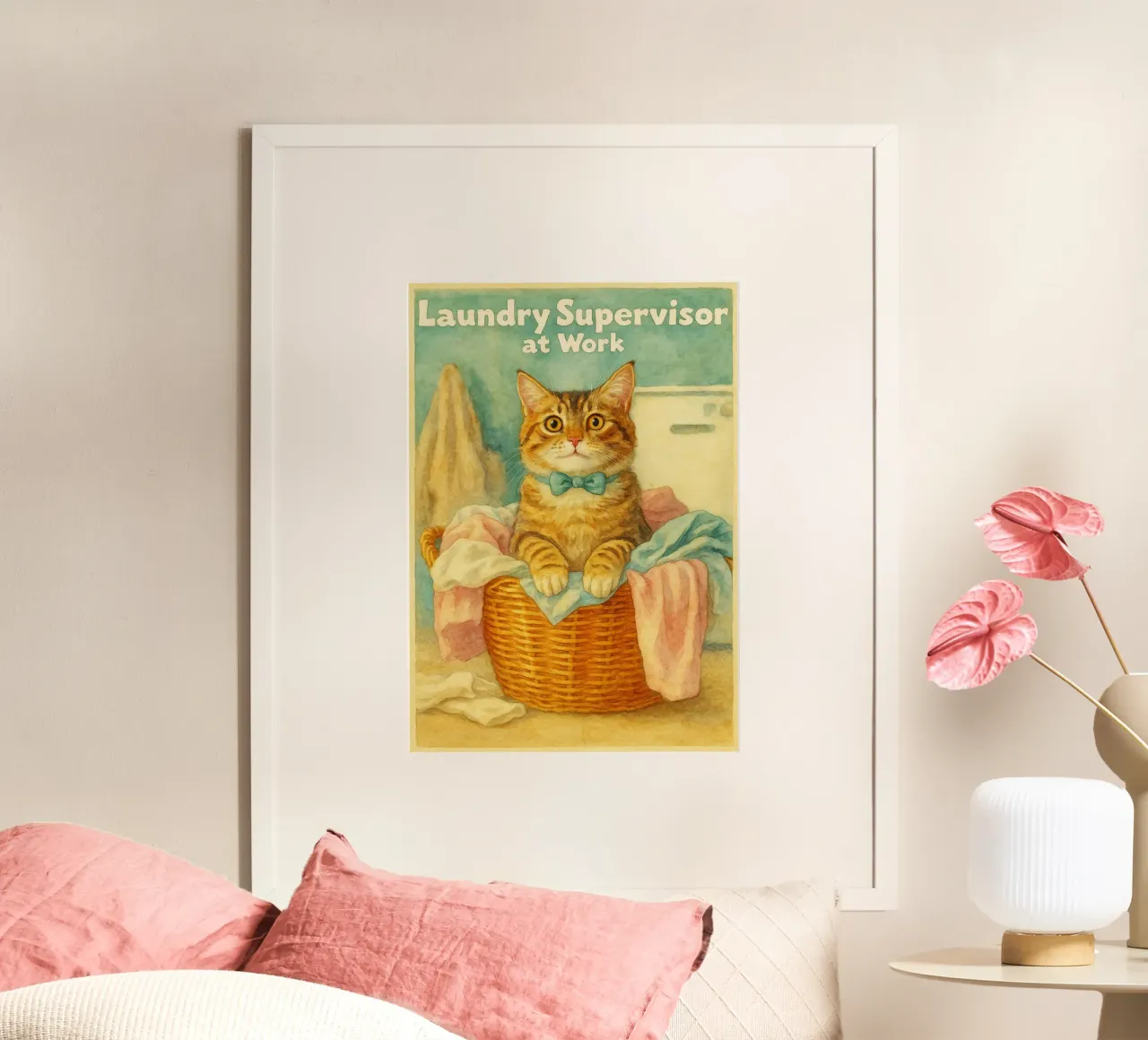 gatto lavanderia supervisore disegno d'arte retrò poster con telaio in alluminio da genzaa
