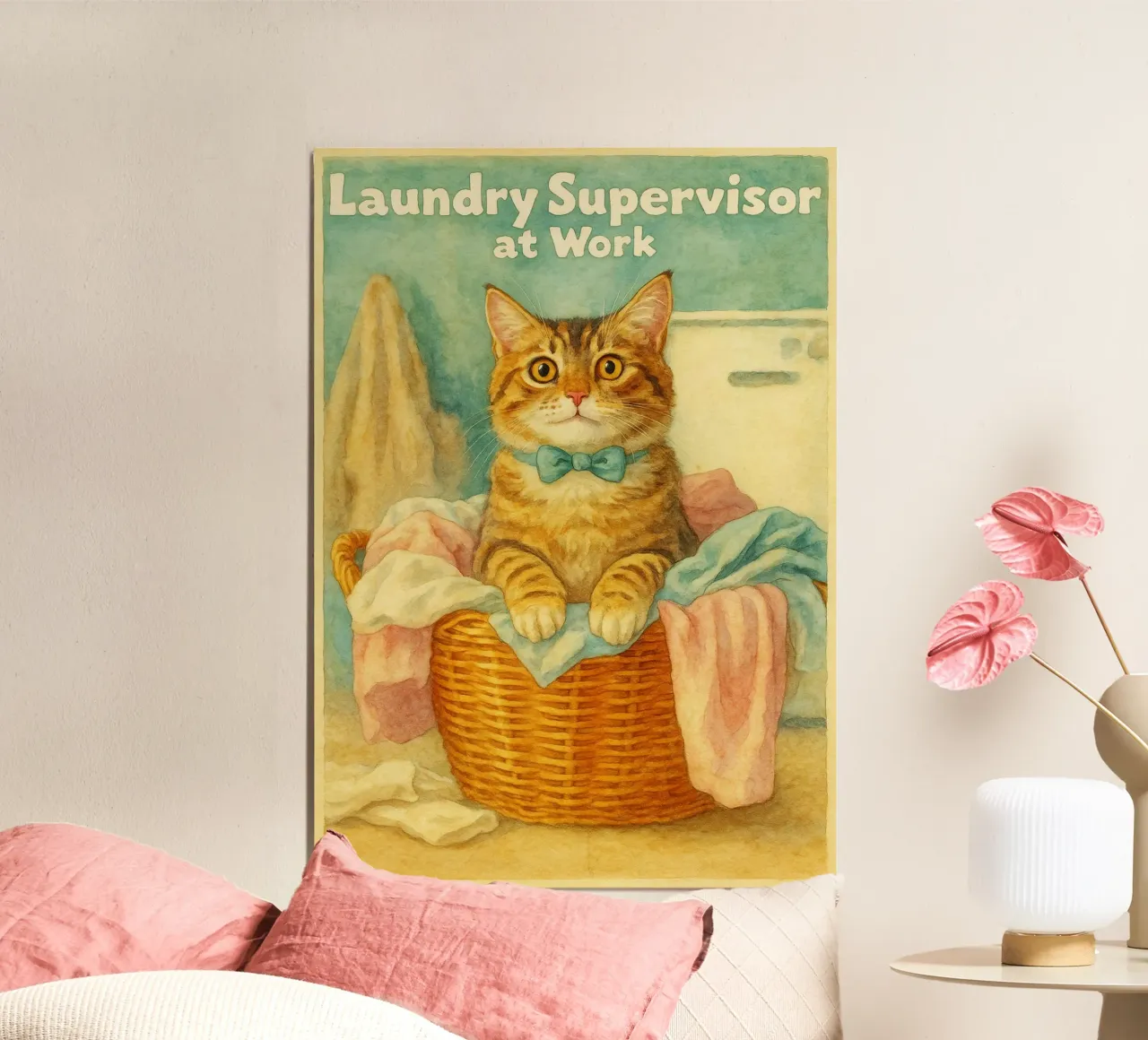 gatto lavanderia supervisore disegno d'arte retrò poster con telaio in alluminio da genzaa
