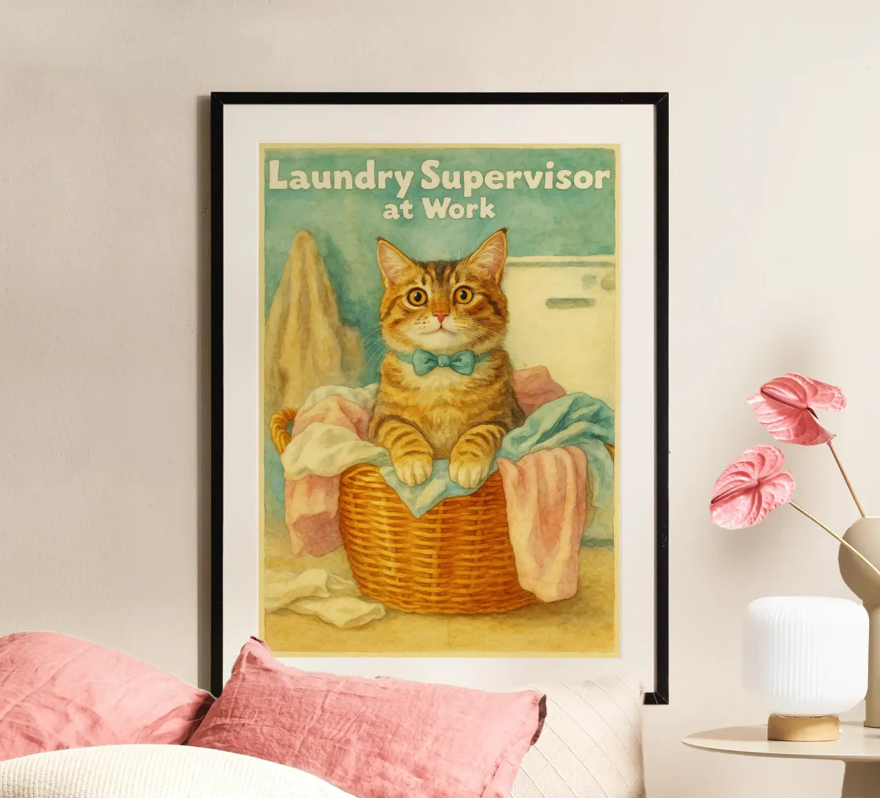 gatto lavanderia supervisore disegno d'arte retrò poster con telaio in alluminio da genzaa