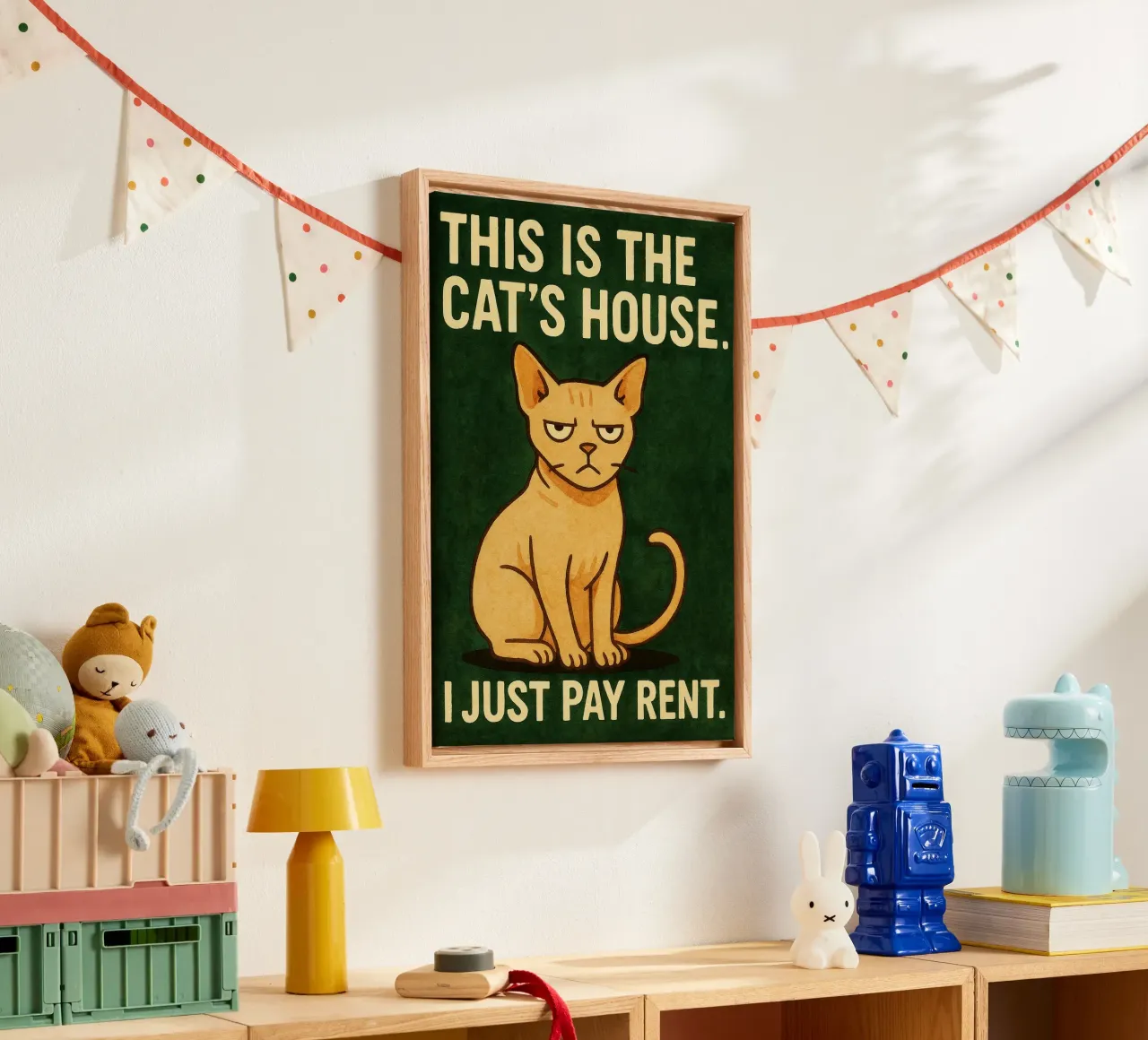 kat betaalt huur retro art tekening canvas met Baklijst van genzaa