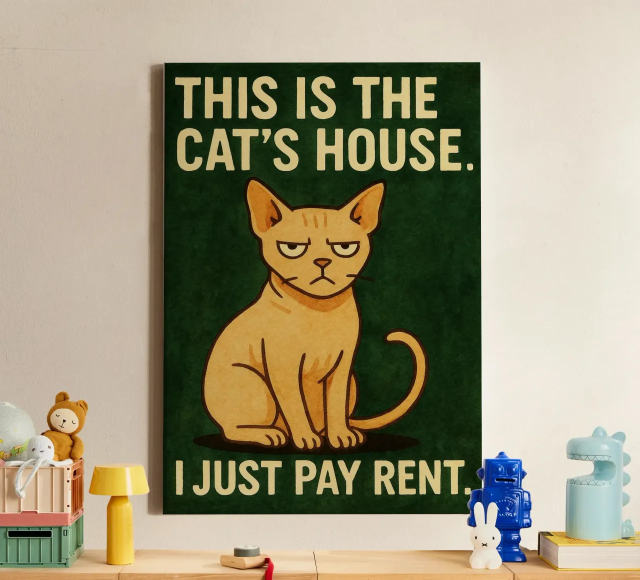 kat betaalt huur retro art tekening canvas met Baklijst van genzaa