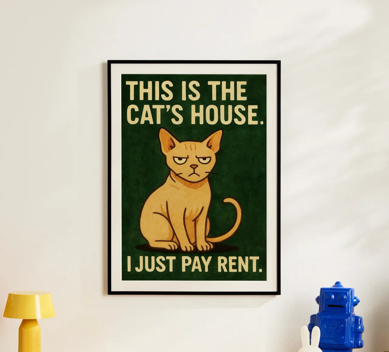 Katze zahlen eine Miete retro Kunstzeichnung Poster mit Holzrahmen von genzaa