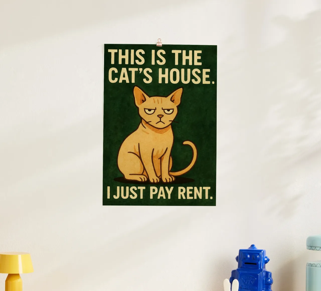 Katze zahlen eine Miete retro Kunstzeichnung Poster mit Holzrahmen von genzaa