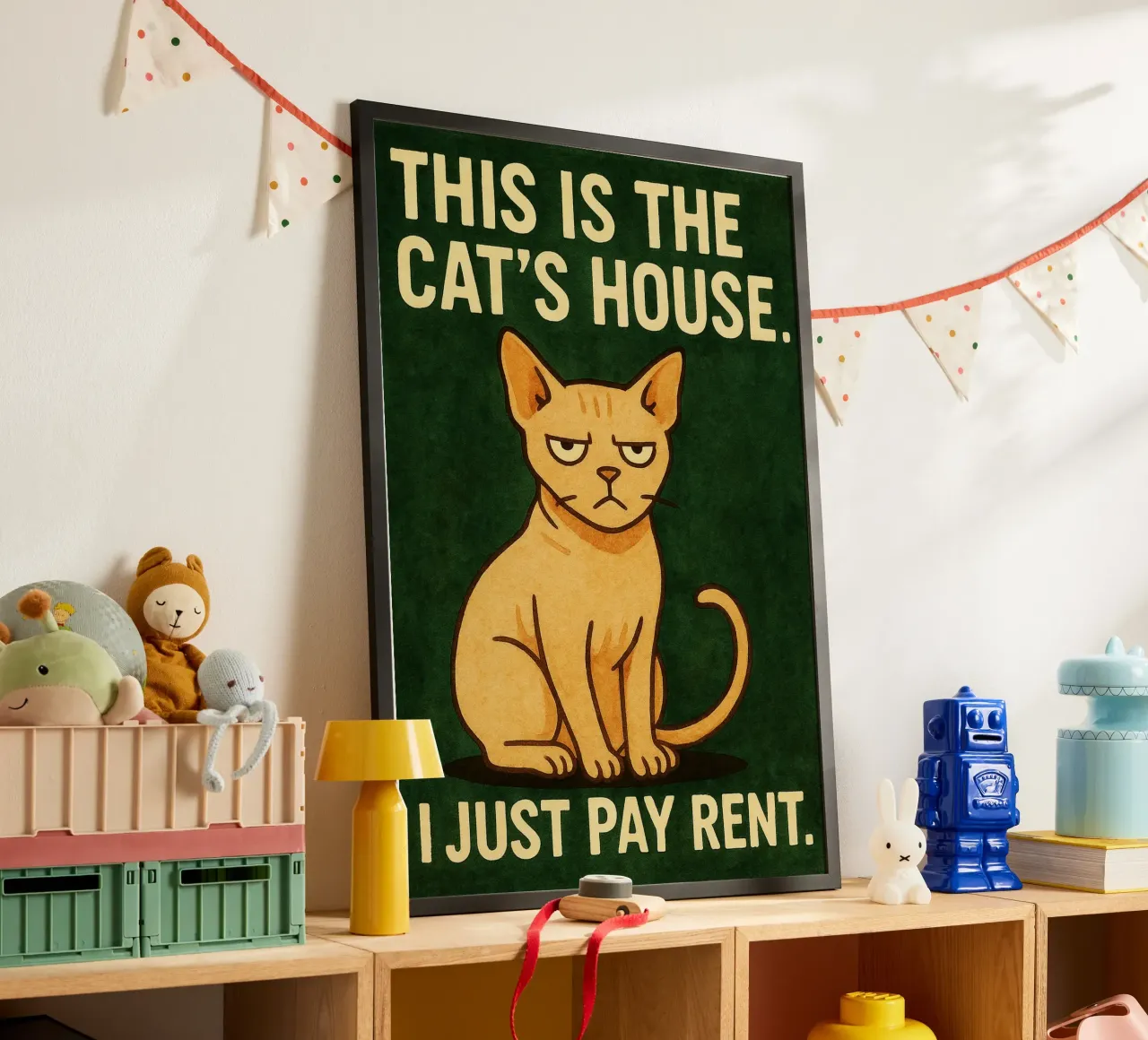 Katze zahlen eine Miete retro Kunstzeichnung Poster mit Holzrahmen von genzaa