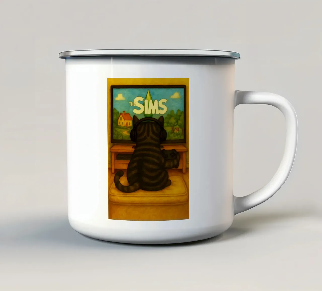 gatto che gioca ai giochi disegno d'arte retrò tazza in smalto da genzaa