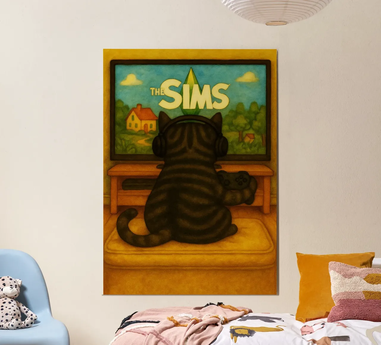 gatto che gioca ai giochi disegno d'arte retrò poster da genzaa