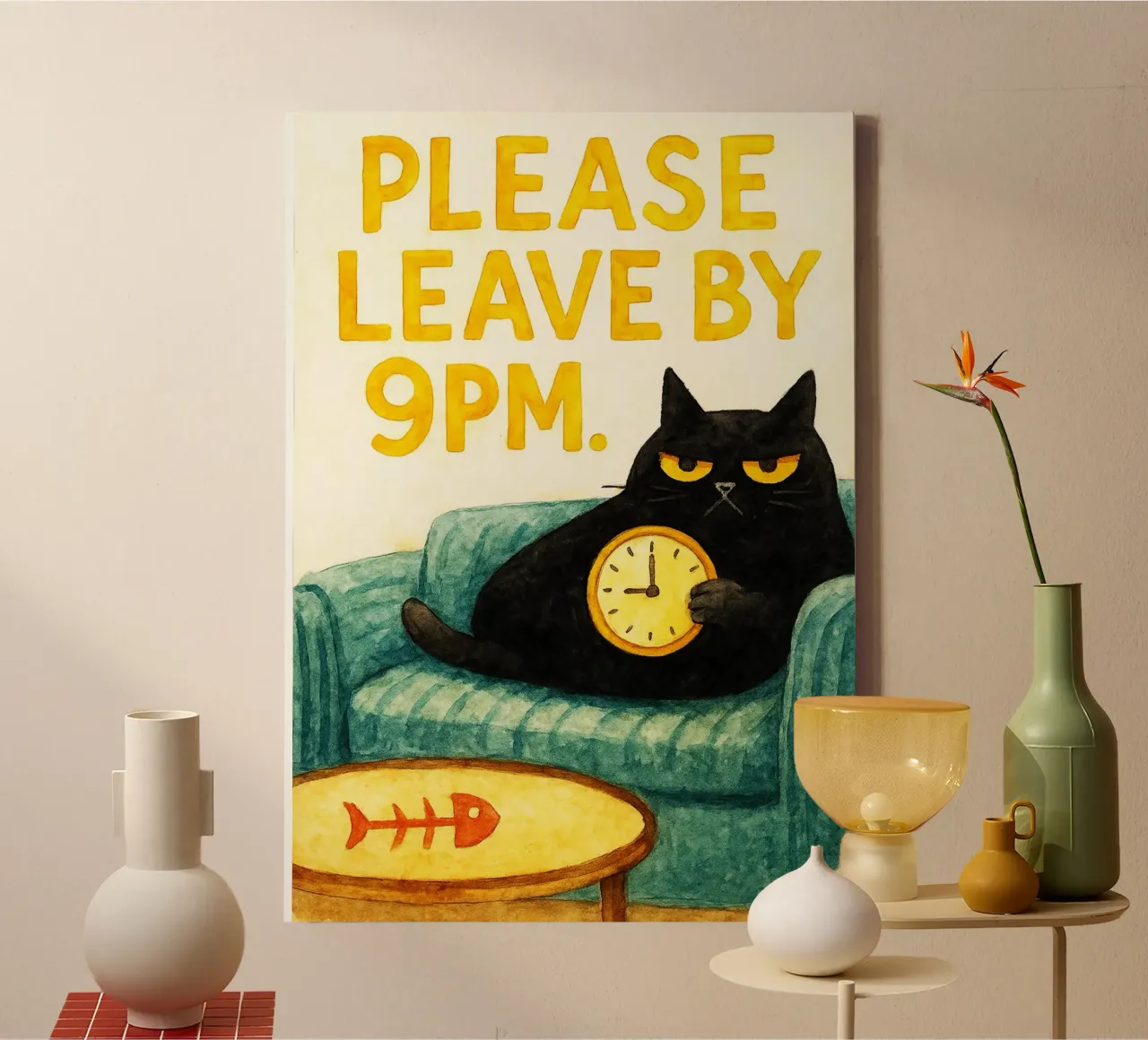 cat please leave me by 9 pm retro art drawing canvas with Floater frame by genzaa