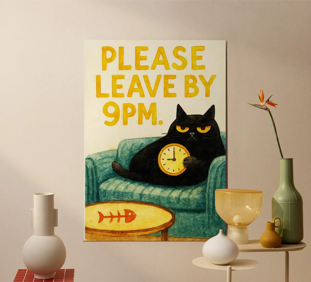 cat please leave me by 9 pm retro art drawing poster avec cadre en plastique de genzaa