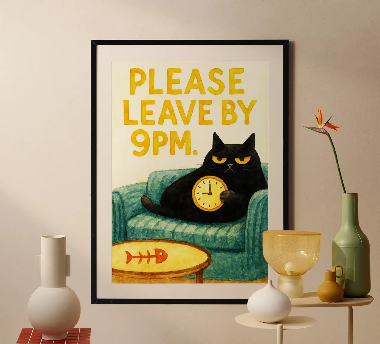 cat please leave me by 9 pm retro art drawing poster avec cadre en plastique de genzaa