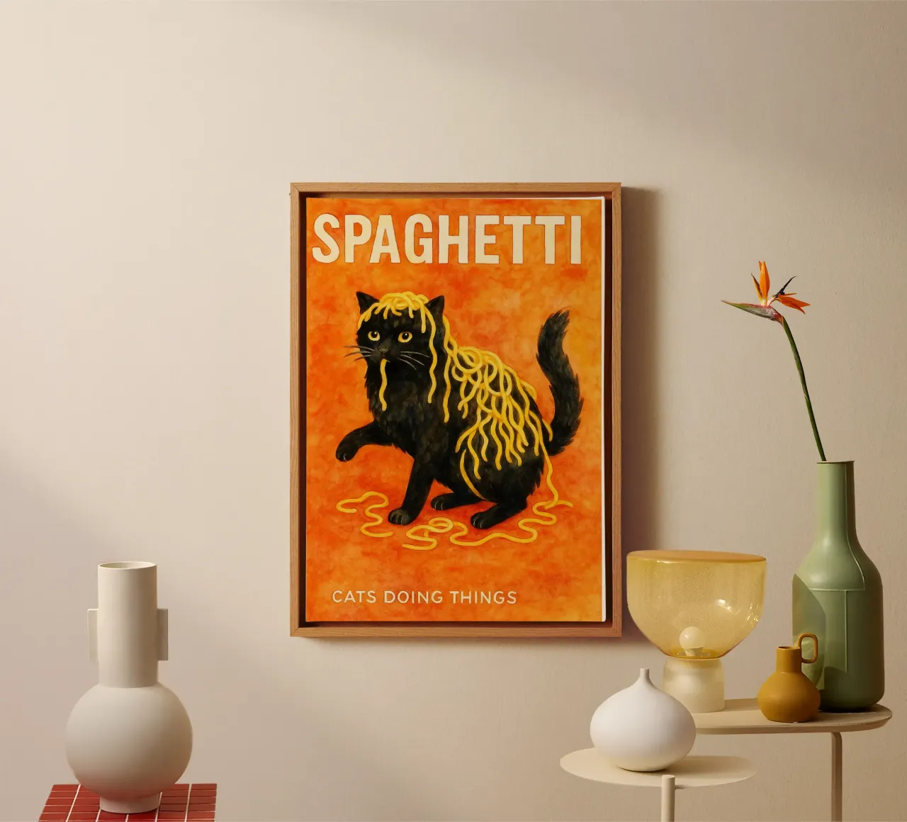 kat sphagetti retro art tekening canvas met Baklijst van genzaa