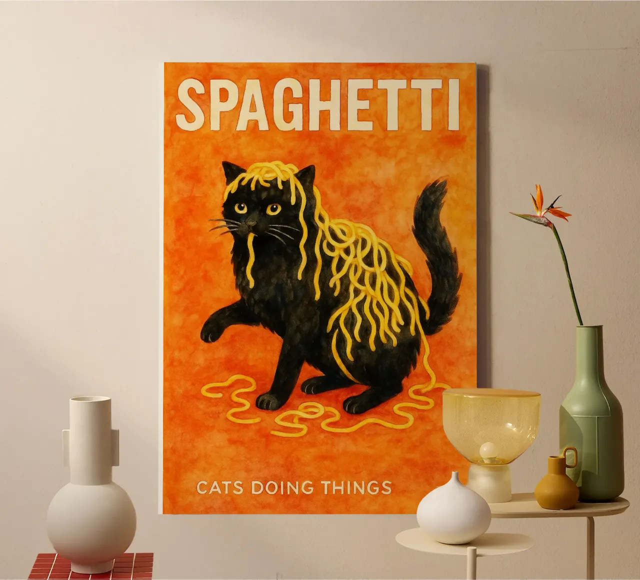 kat sphagetti retro art tekening canvas met Baklijst van genzaa
