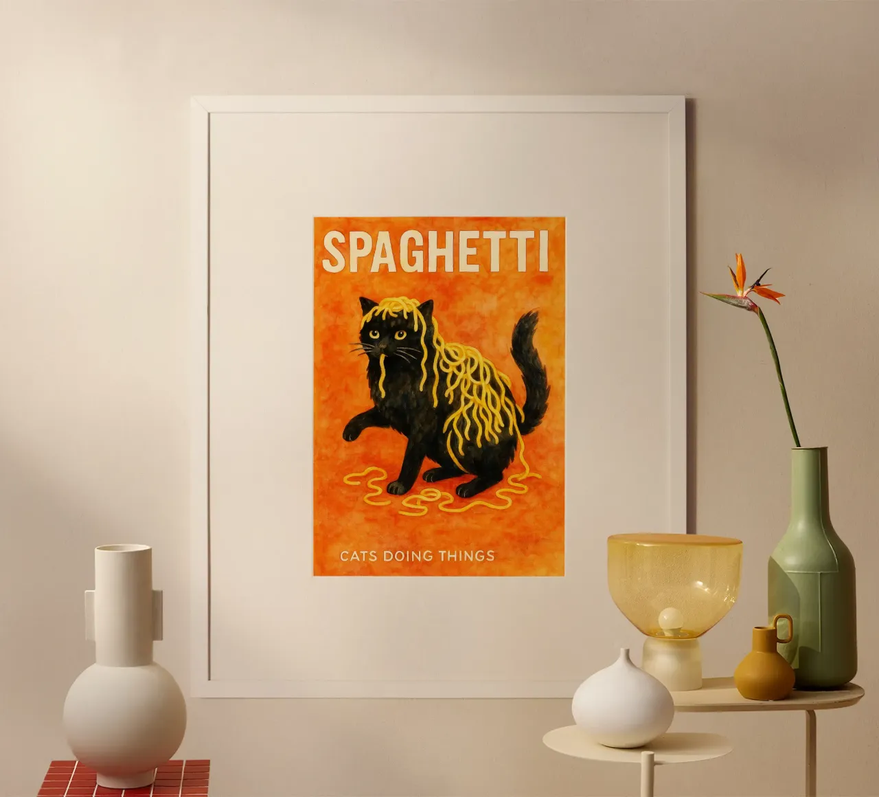 gatto sfagetti disegno d'arte retrò poster con telaio in alluminio da genzaa
