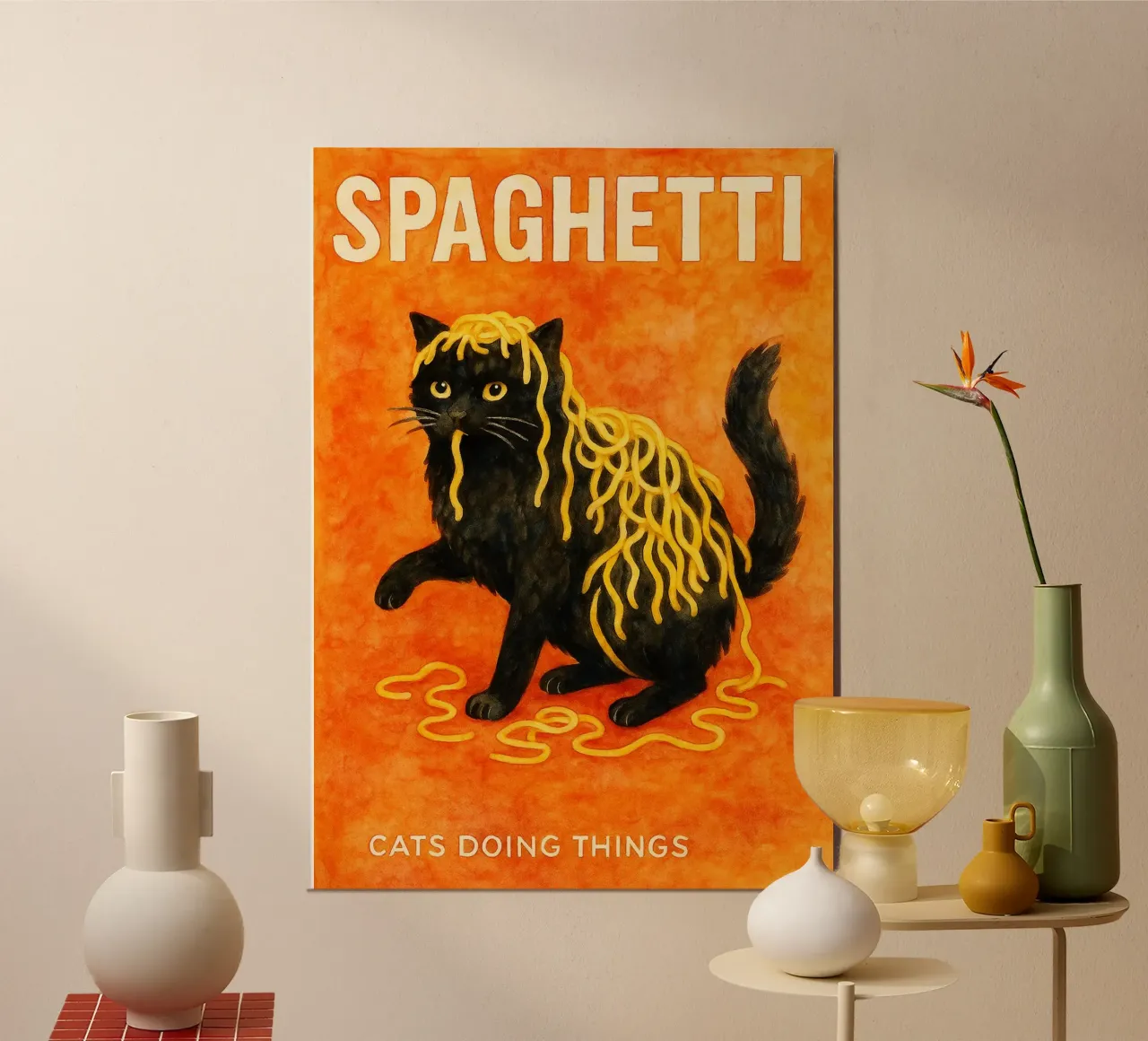 gatto sfagetti disegno d'arte retrò poster con telaio in alluminio da genzaa