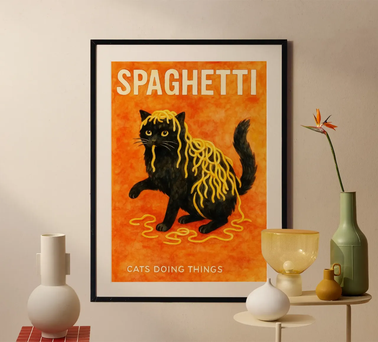 gatto sfagetti disegno d'arte retrò poster con telaio in alluminio da genzaa