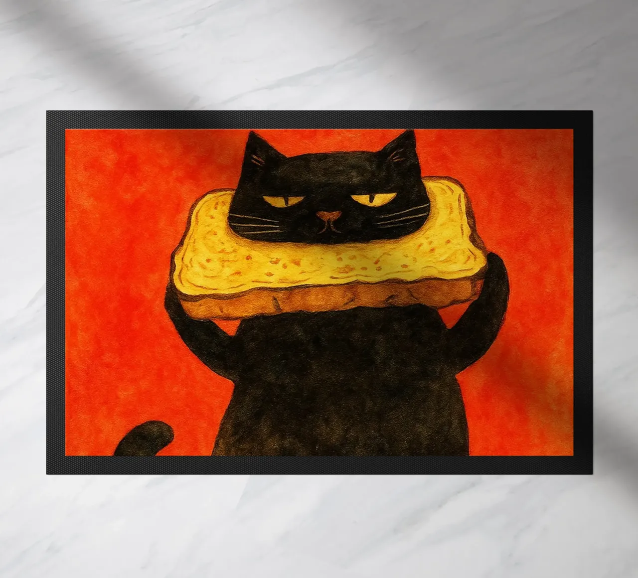 cat toast retro art drawing doormat by genzaa