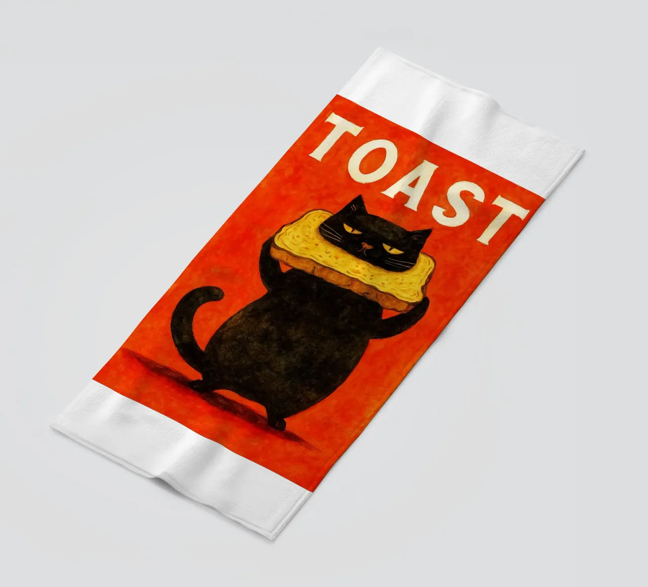 cat toast retro art drawing beach towel by genzaa