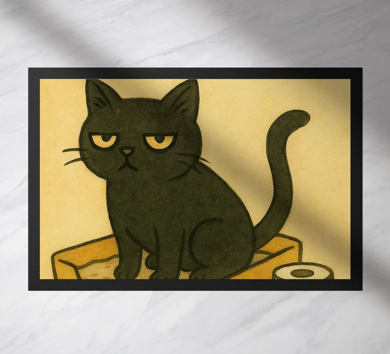 cat when you gotta go retro art drawing doormat by genzaa