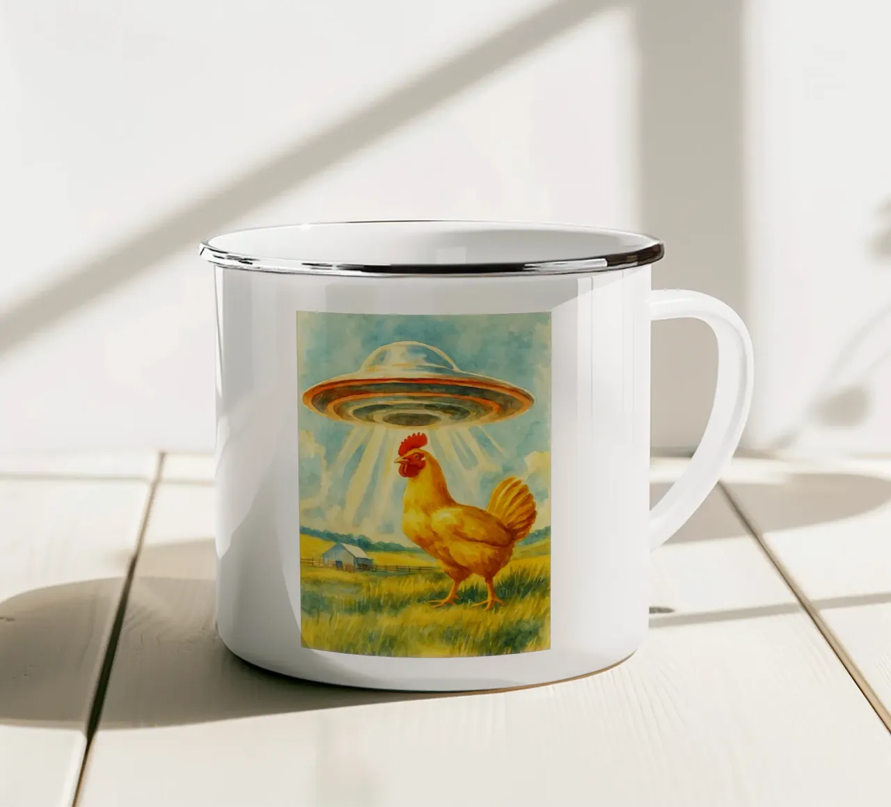 Kip en UFO retro art tekening emaille mok van genzaa