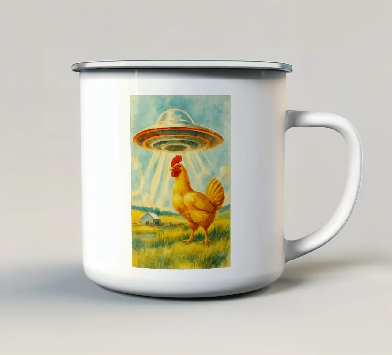 Kip en UFO retro art tekening emaille mok van genzaa