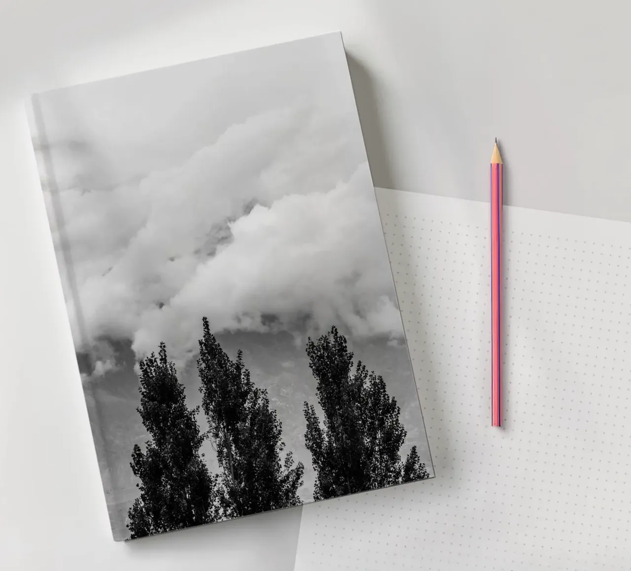 Three trees in cloudy mountains notebook by photolovers