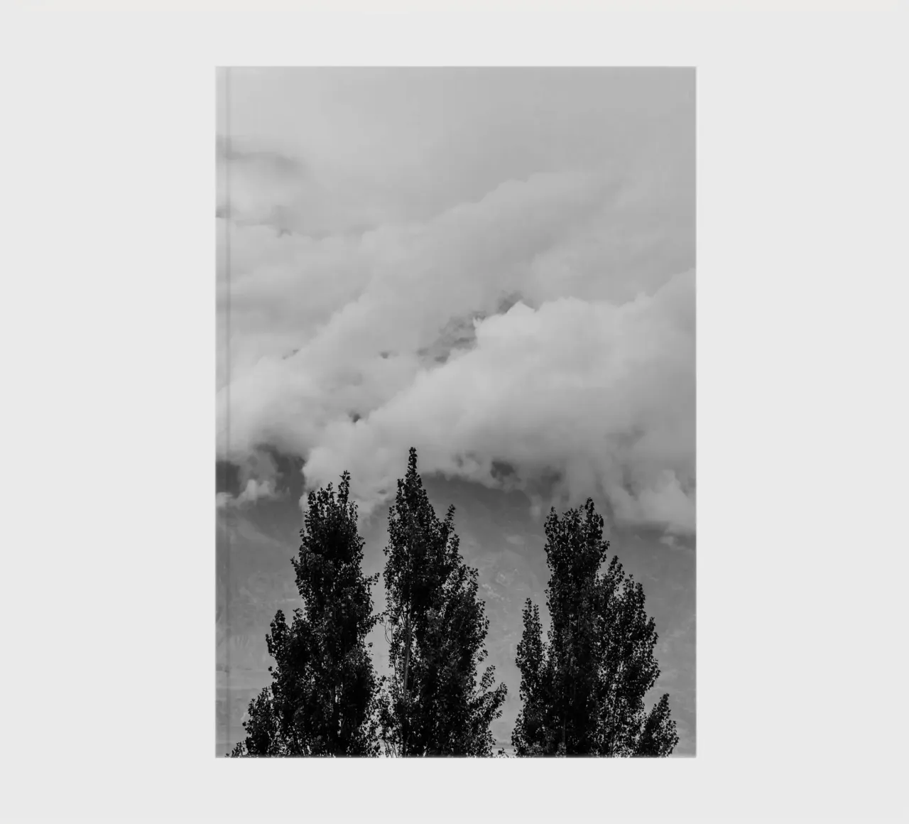 Three trees in cloudy mountains notebook by photolovers