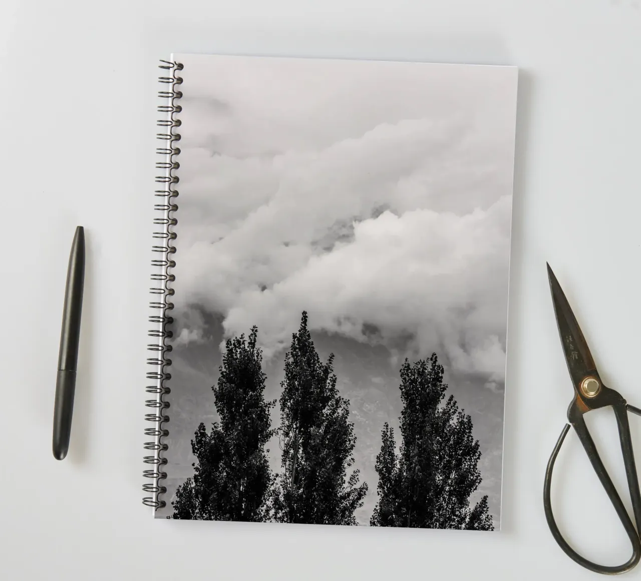 Three trees in cloudy mountains spiral notebook by photolovers