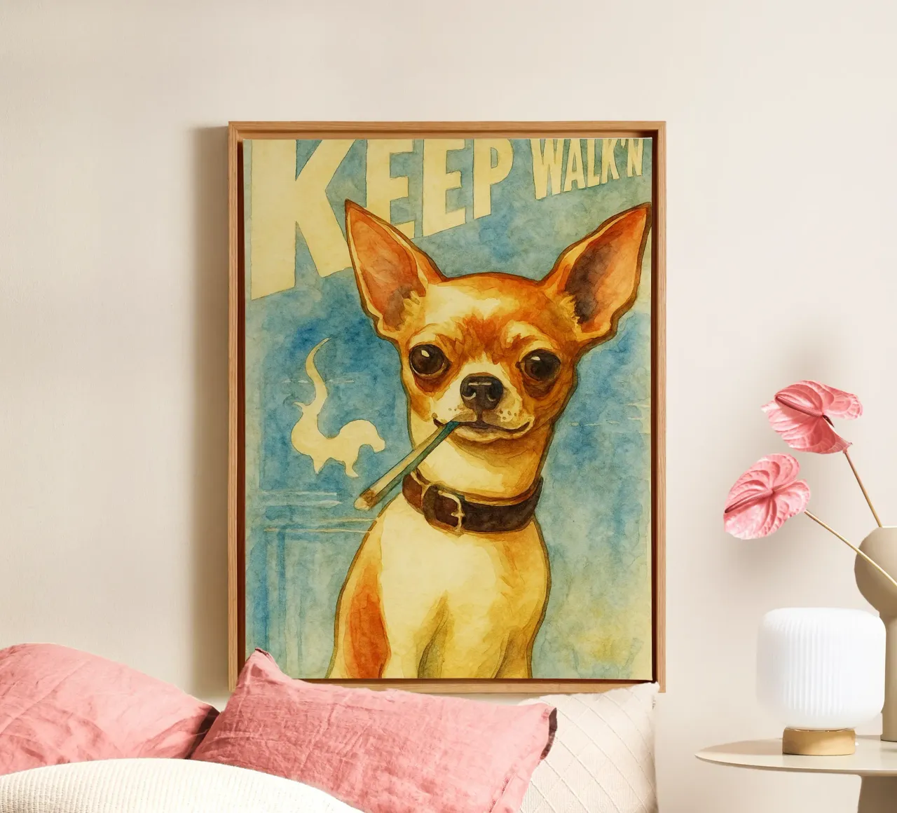 hond blijft lopen retro kunst tekening canvas met Baklijst van genzaa