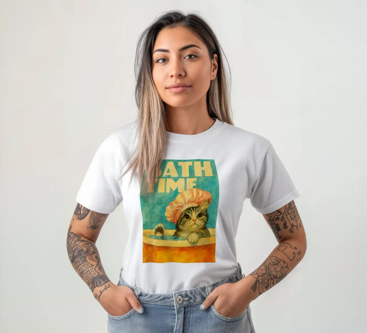 lustige Katze Bad Zeit retro Kunst Zeichnung T-Shirt von genzaa