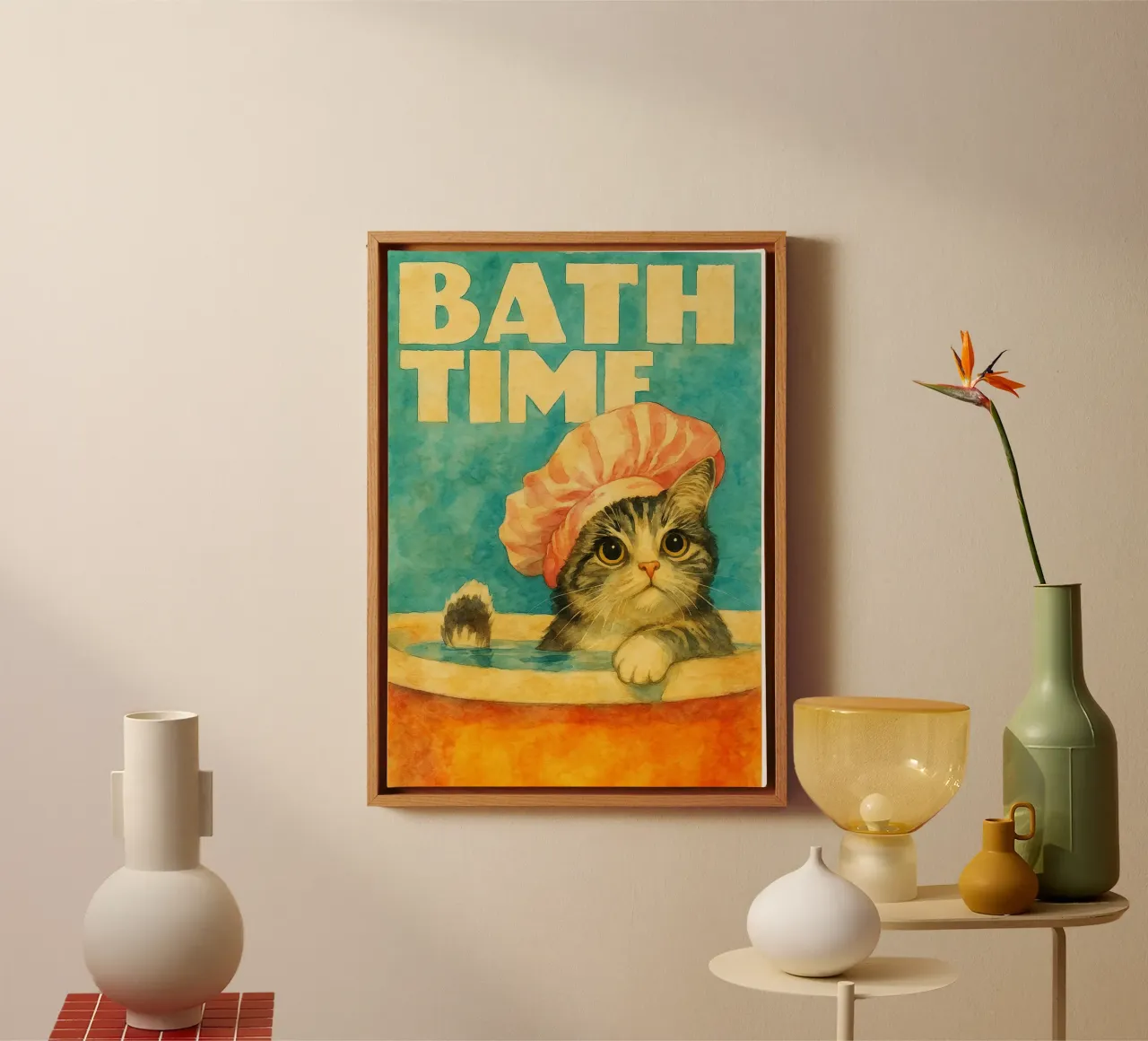 grappig kat bad retro kunst tekening canvas met Baklijst van genzaa