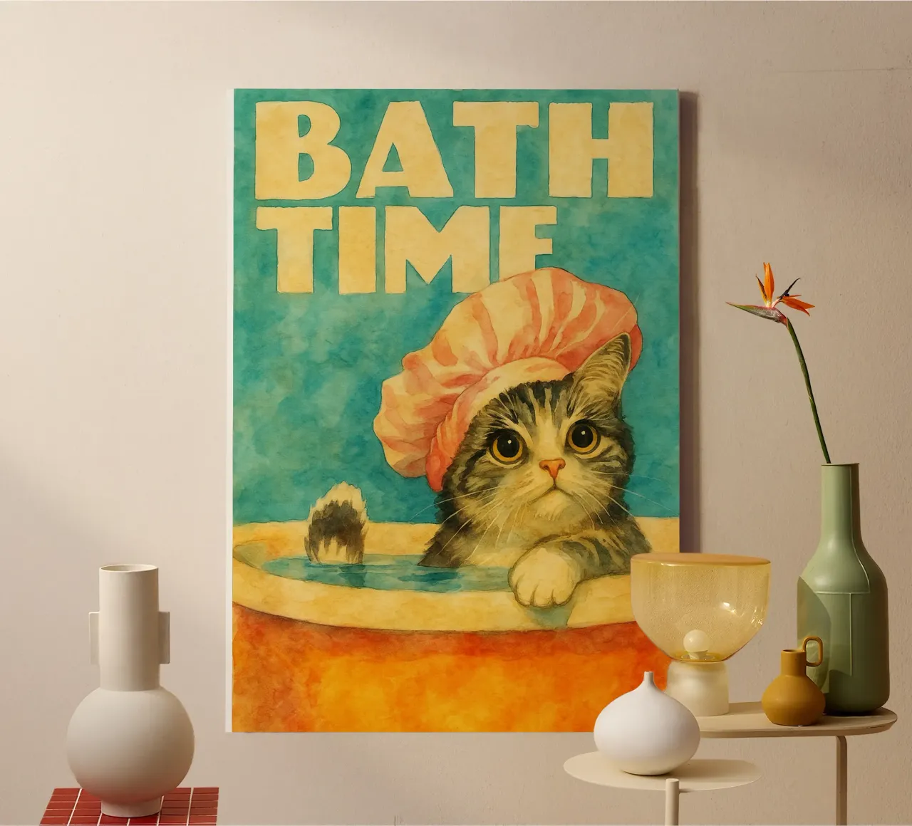 grappig kat bad retro kunst tekening canvas met Baklijst van genzaa