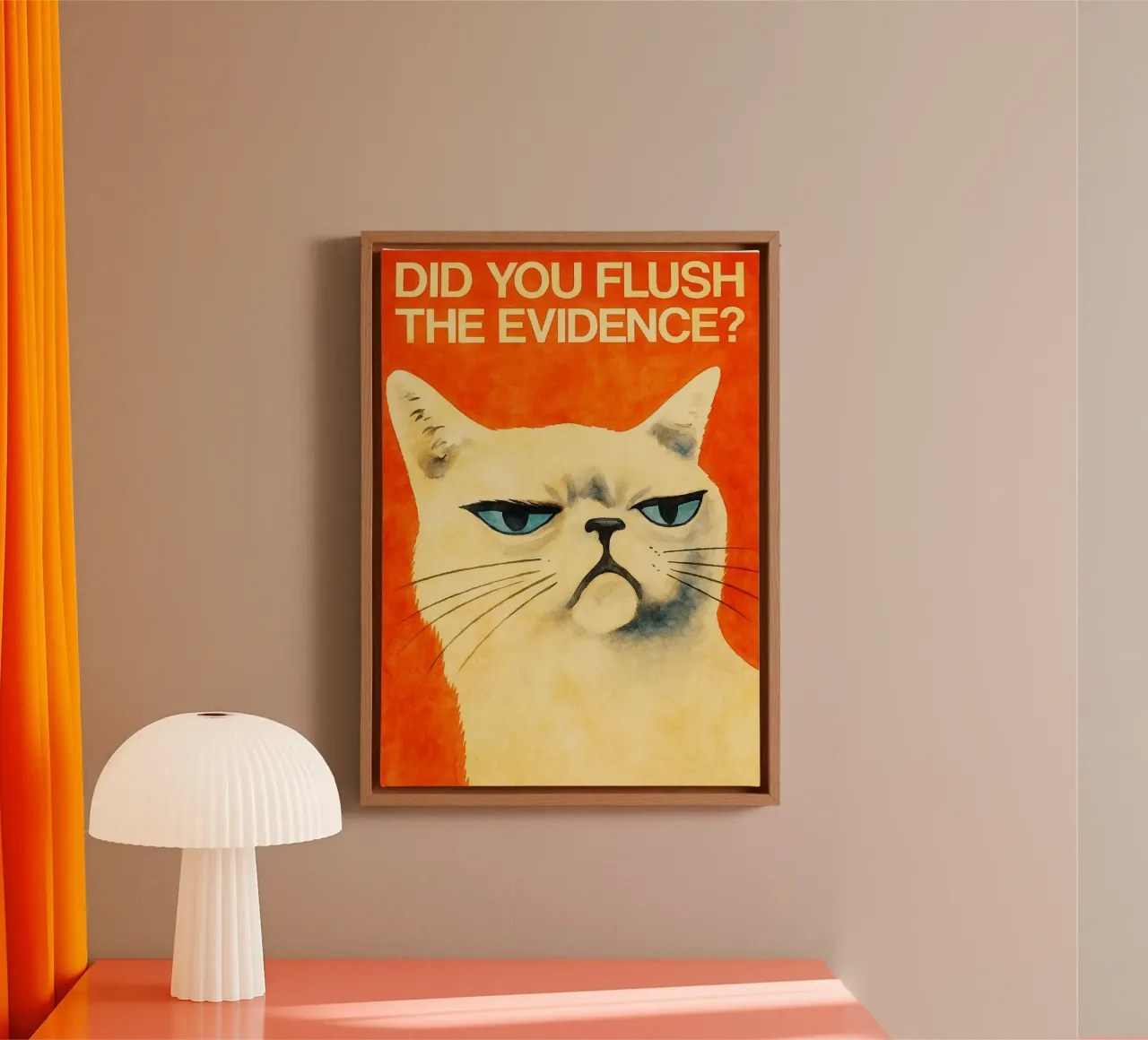 funny cat did you flush the evidence retro art drawing canvas with Floater frame by genzaa