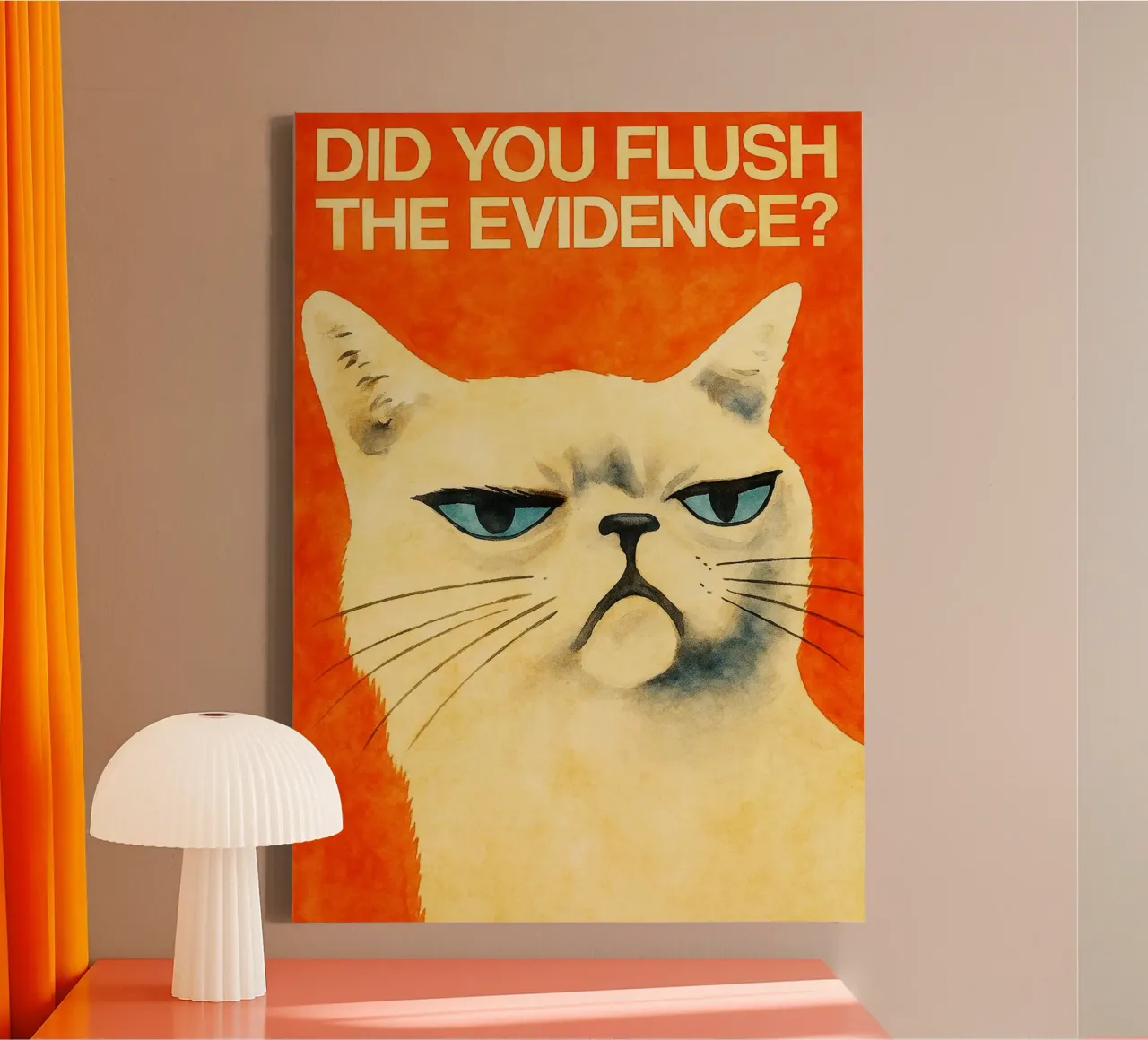 funny cat did you flush the evidence retro art drawing canvas with Floater frame by genzaa
