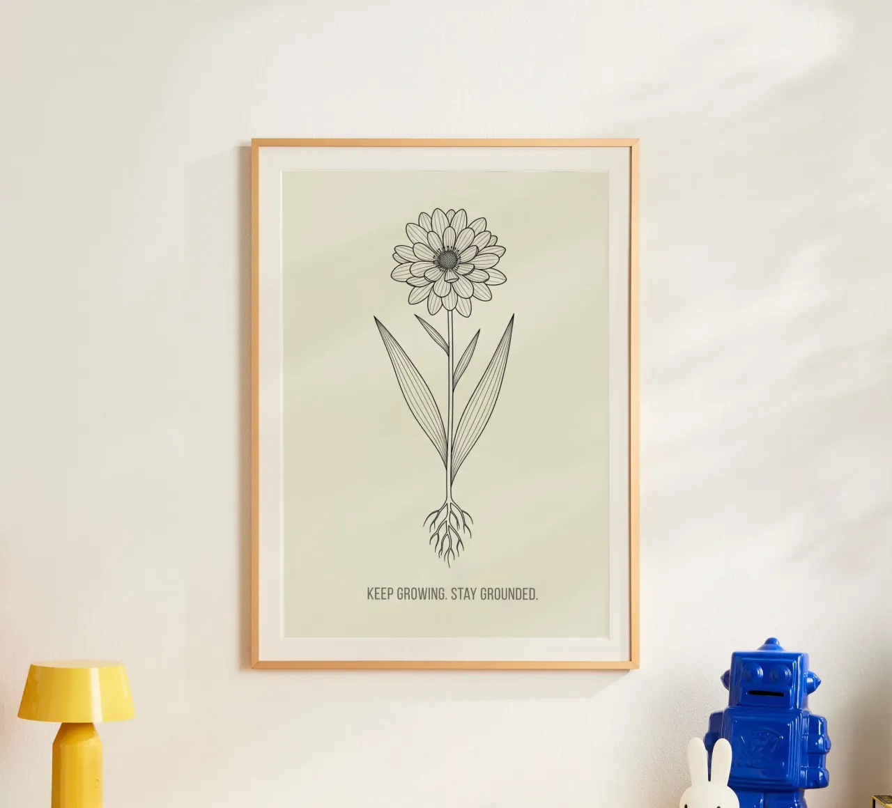 Floral bauhaus #057: Keep Growing, Stay Grounded. Poster mit Holzrahmen von Zen Design