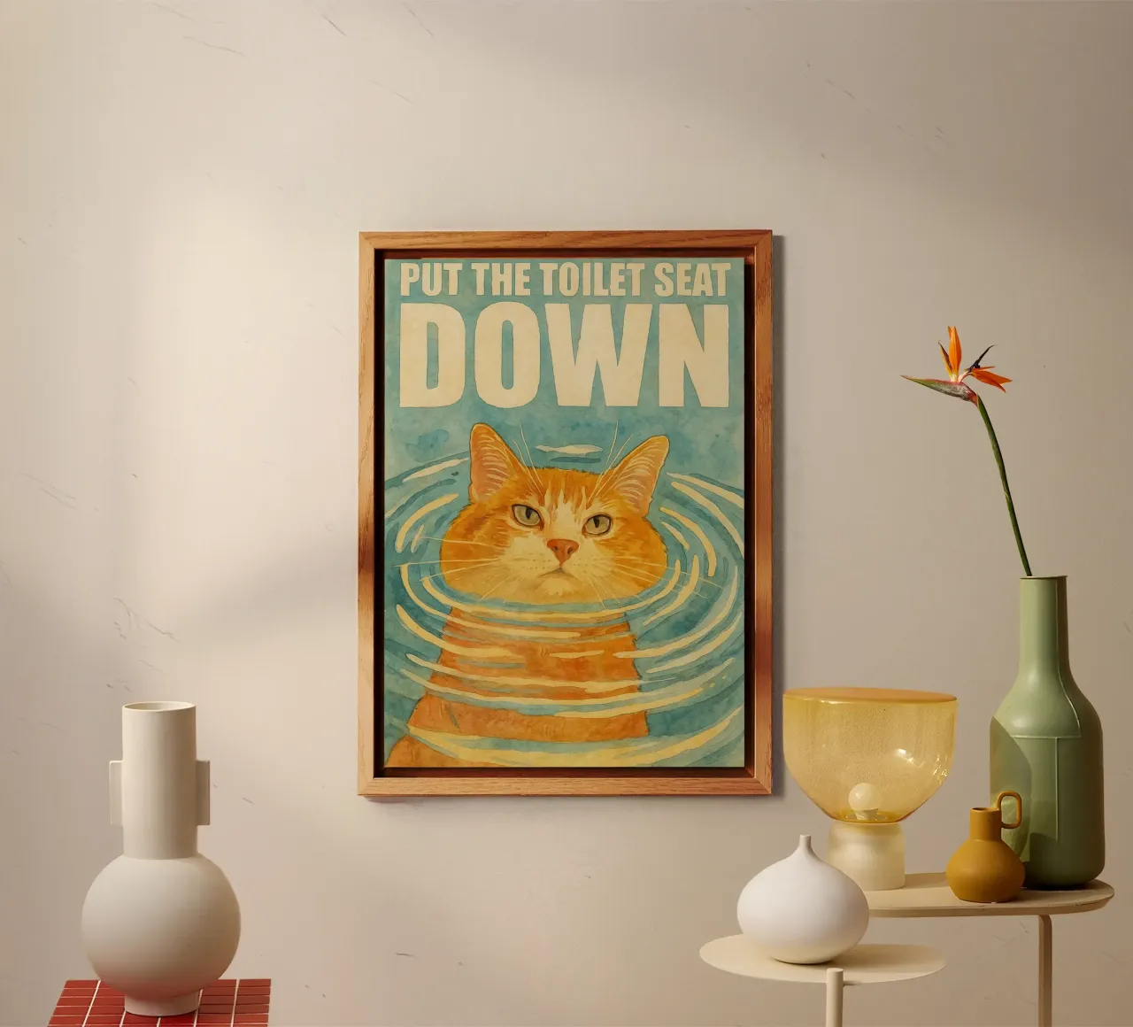 funny cat put the toilet seat down retro art drawing alu-dibond by genzaa