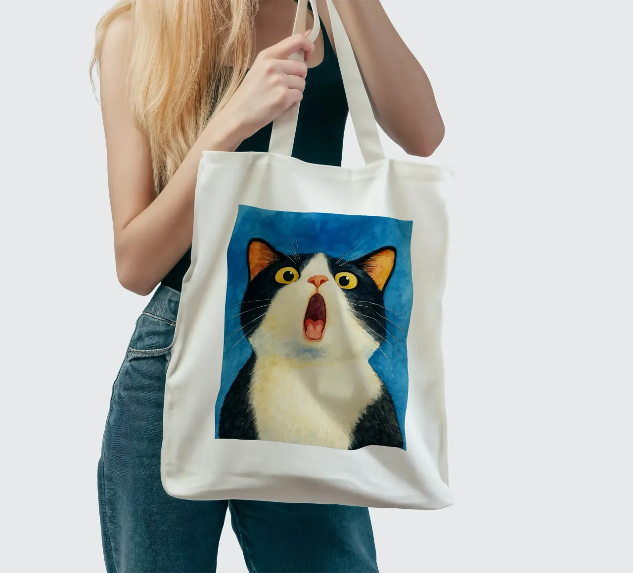 lustige Katze überrascht Gesicht retro Kunst Zeichnung Jutebeutel von genzaa