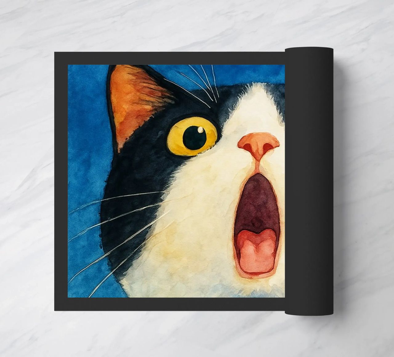 funny cat surprised face retro art drawing doormat by genzaa