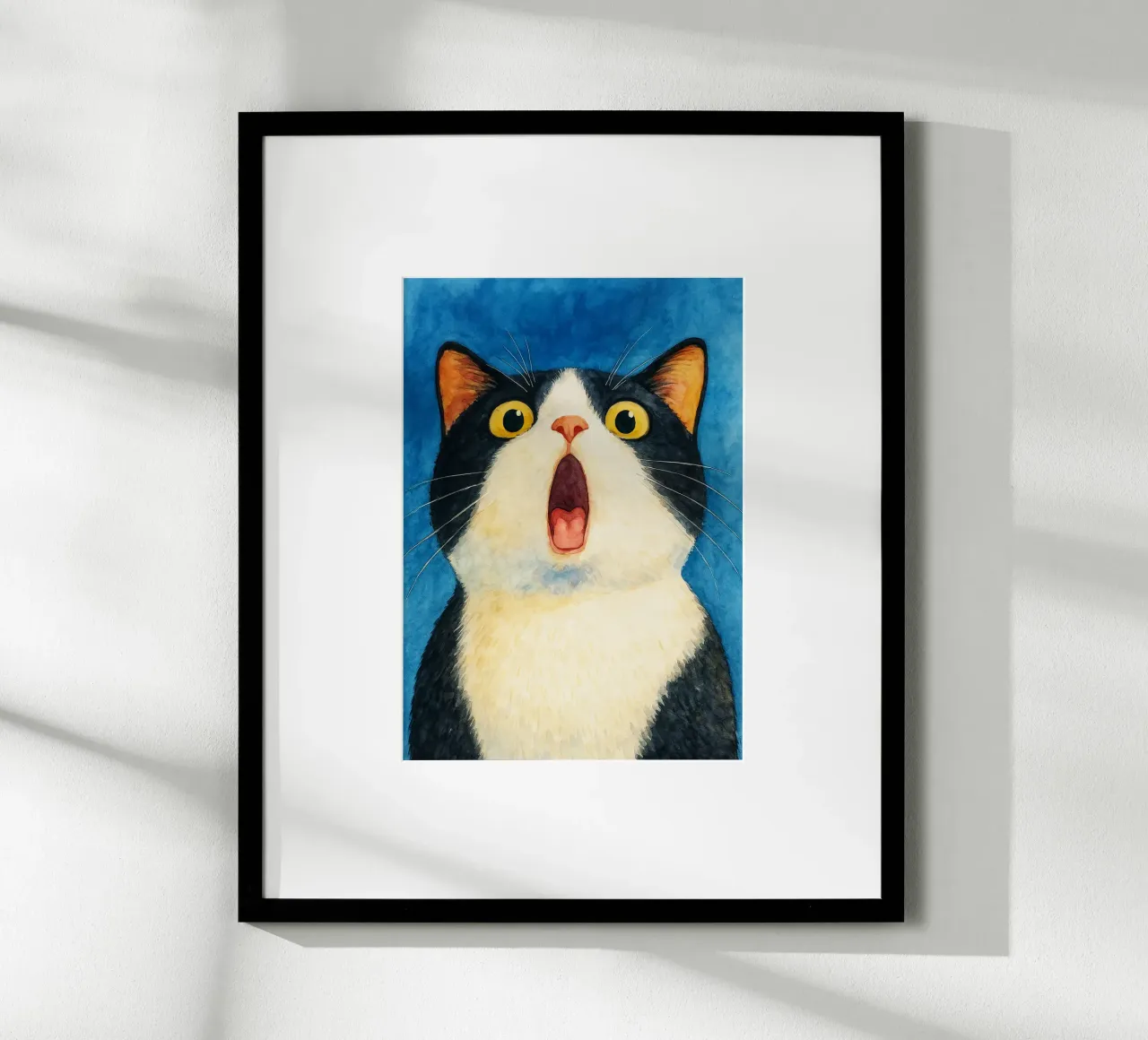 grappig kat verbaasd gezicht retro art tekening poster met aluminium frame van genzaa