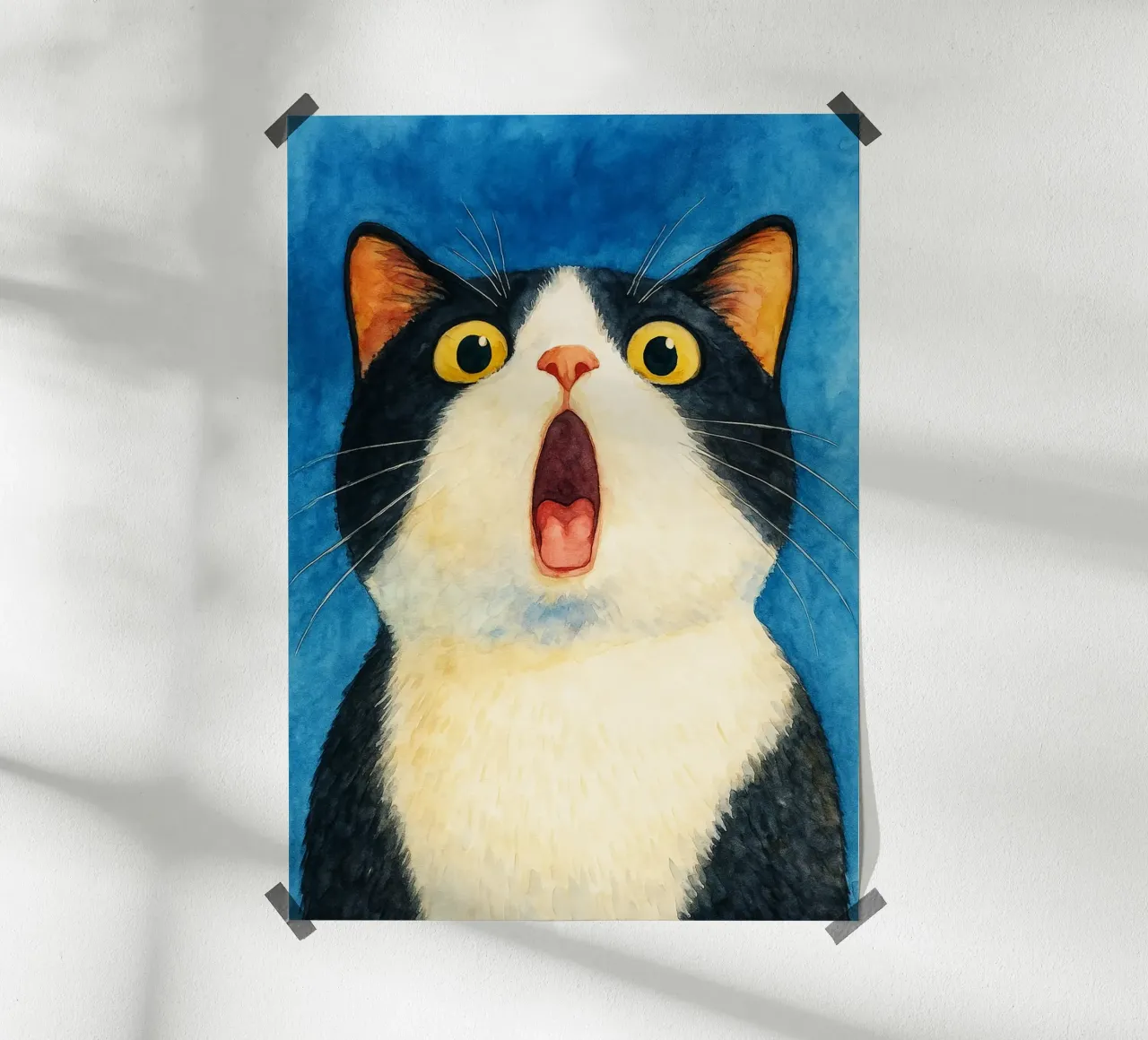 grappig kat verbaasd gezicht retro art tekening poster met aluminium frame van genzaa