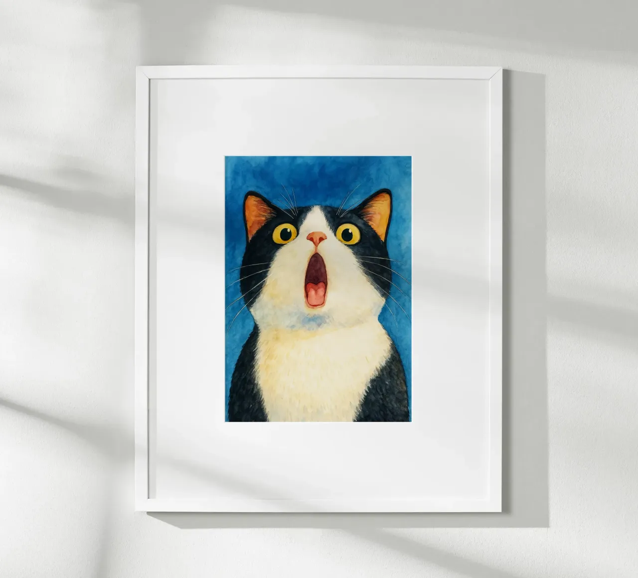grappig kat verbaasd gezicht retro art tekening poster met aluminium frame van genzaa