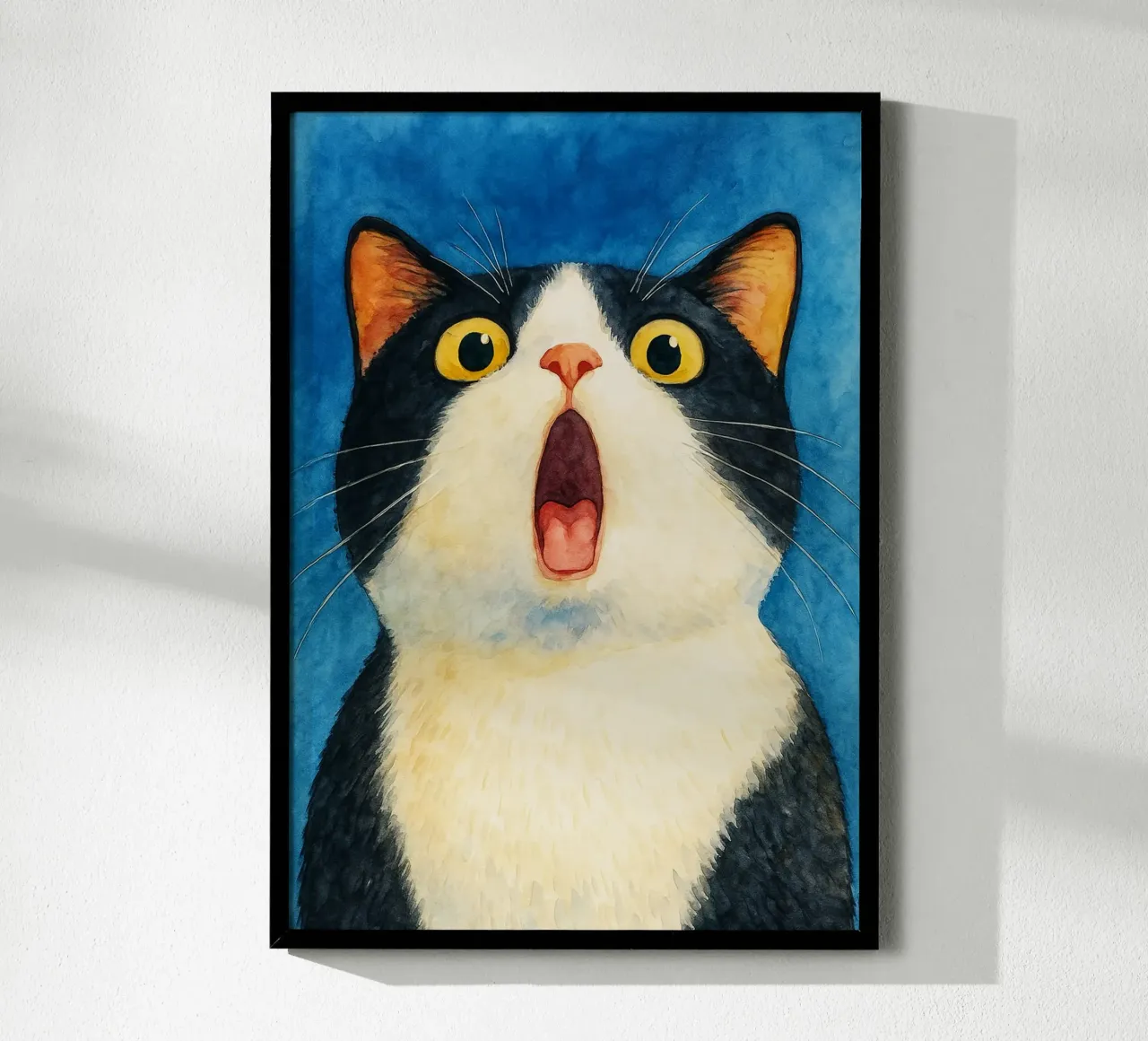 grappig kat verbaasd gezicht retro art tekening poster met aluminium frame van genzaa