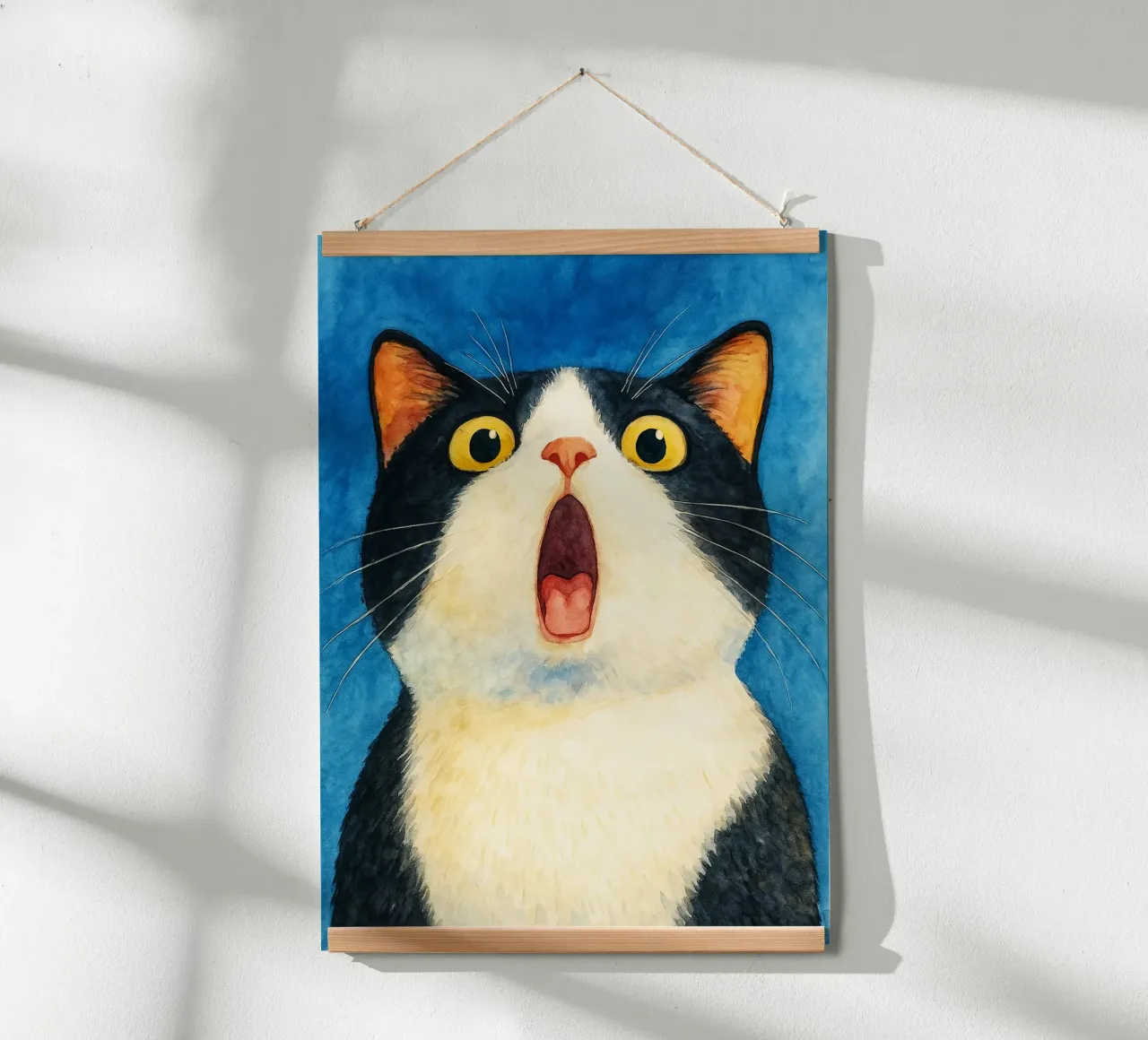 grappig kat verbaasd gezicht retro art tekening poster met aluminium frame van genzaa