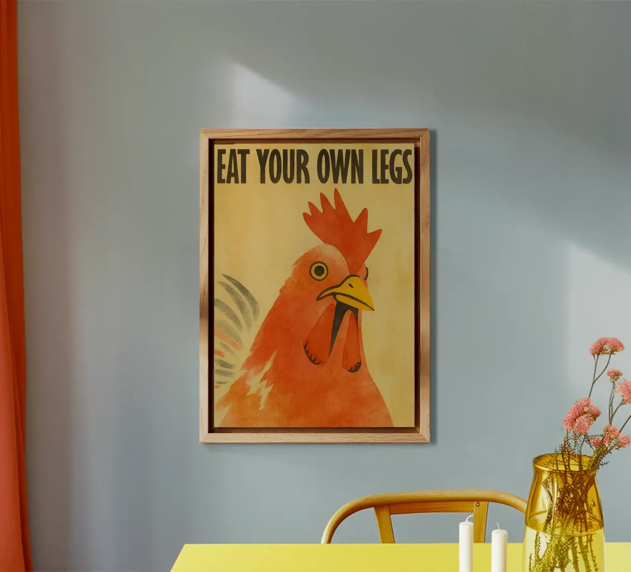 funny chicken eat your own legs retro art drawing alu-dibond by genzaa
