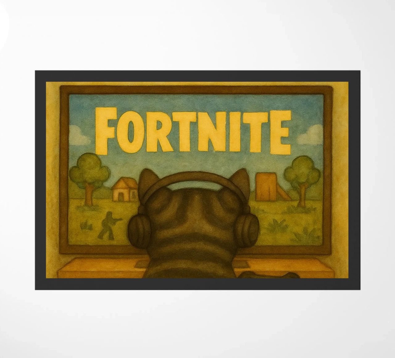 cat playing game retro art drawing doormat by genzaa