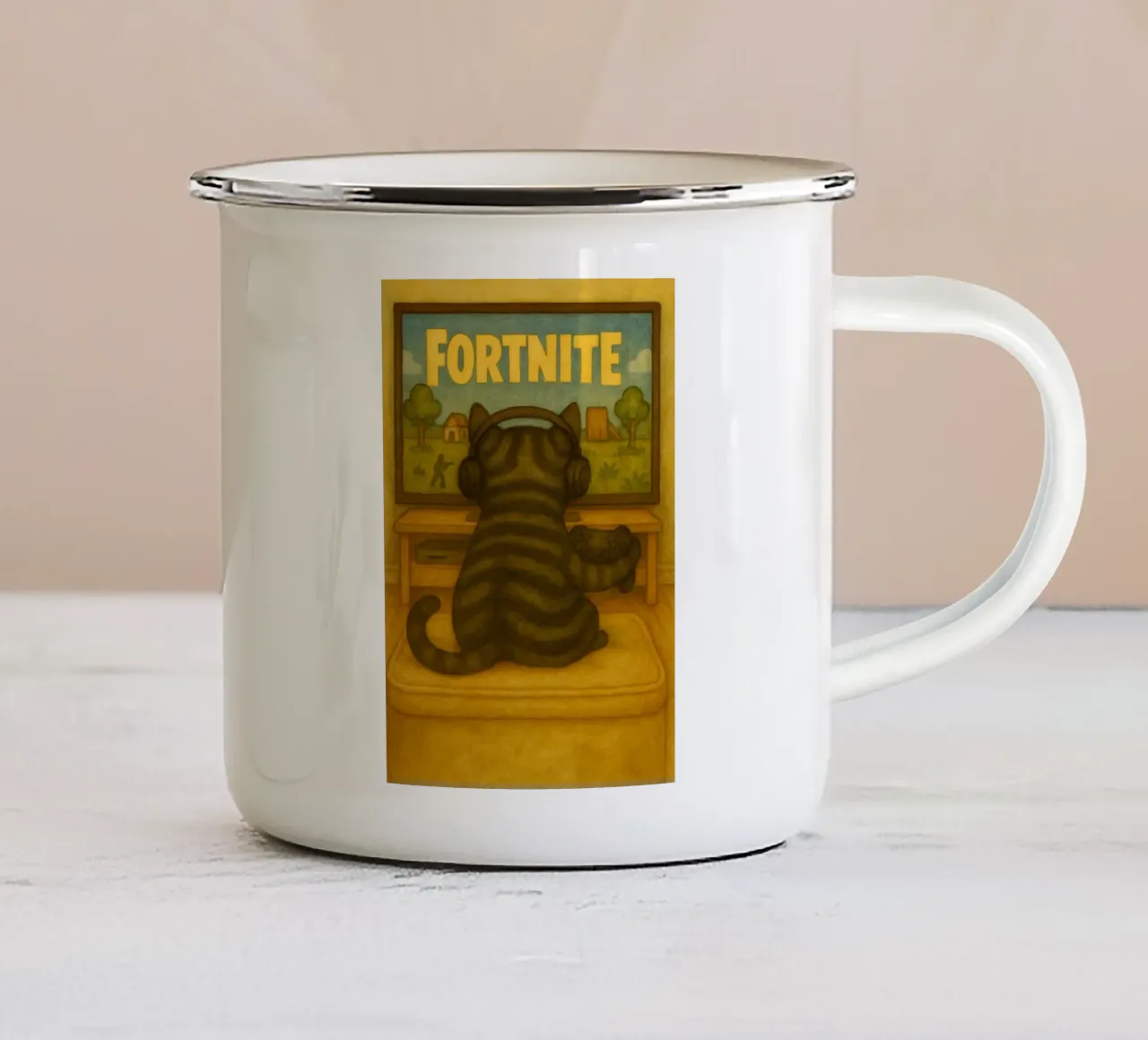 cat playing game retro art drawing enamel mug by genzaa