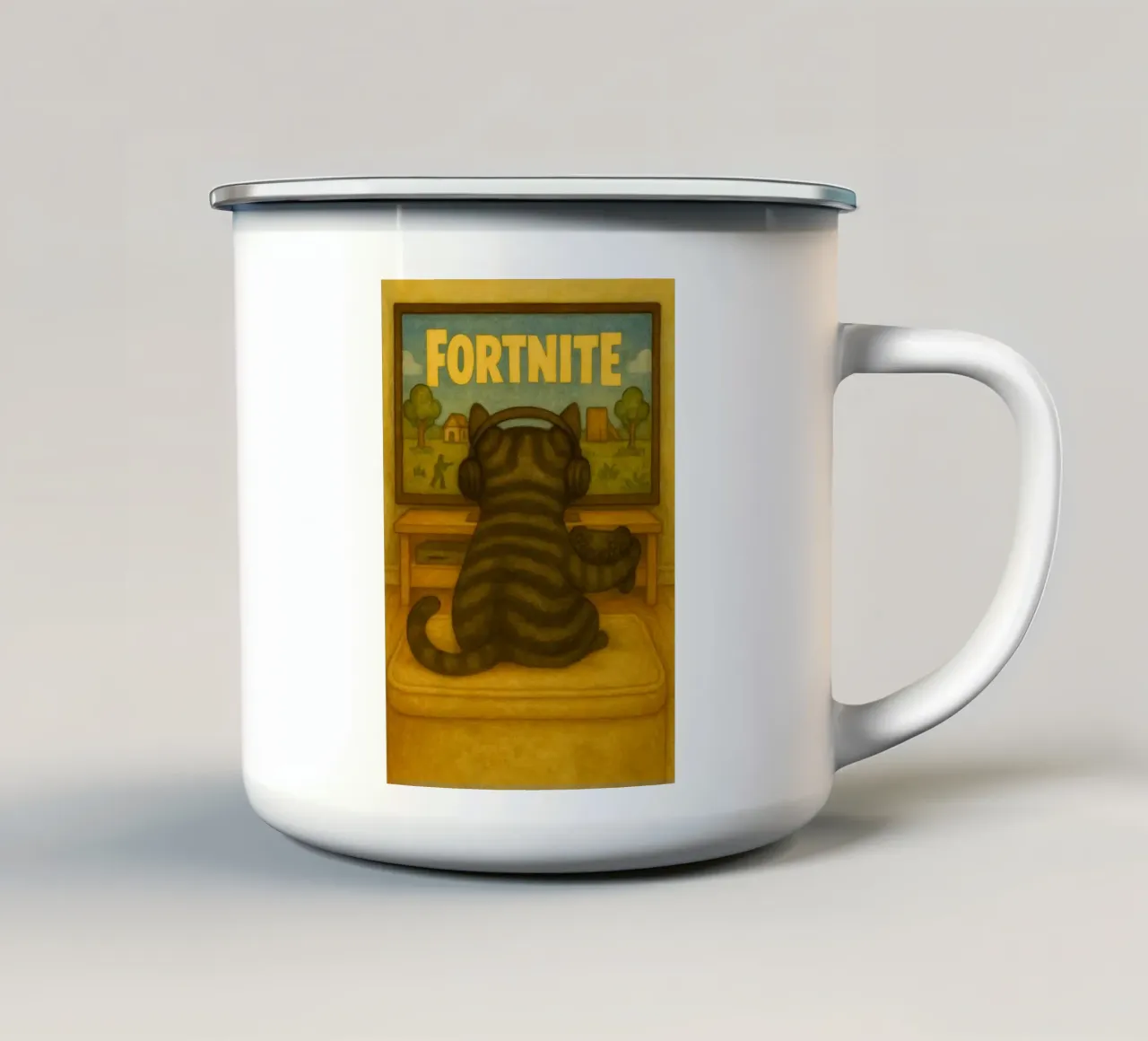 cat playing game retro art drawing enamel mug by genzaa